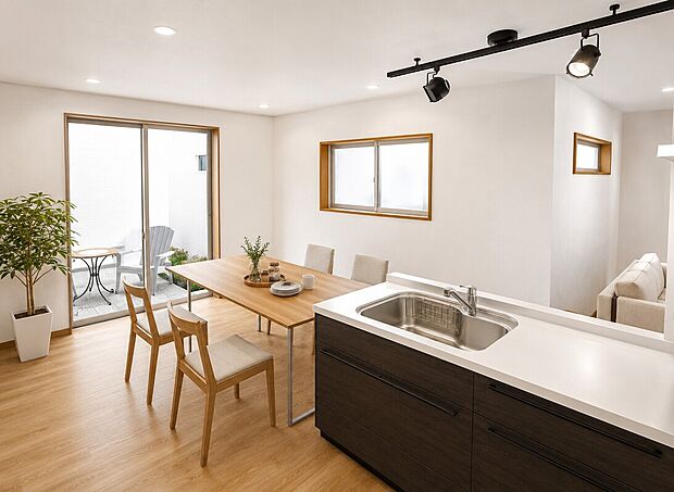 【【プランAイメージパース:LDK】】アイランドキッチンのため家事動線がスムーズ!(建物価格2150万円・建物面積101.63m2)※こちらはイメージパースのため、実際とは異なる場合があります