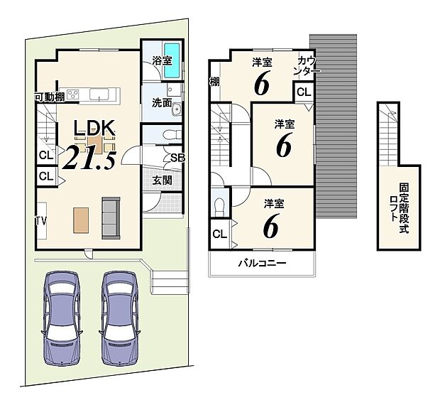 【建物プラン例（2号地）3LDK】
土地価格2899万円・土地面積108.18ｍ2、建物価格1925万円・建物面積88.29ｍ2