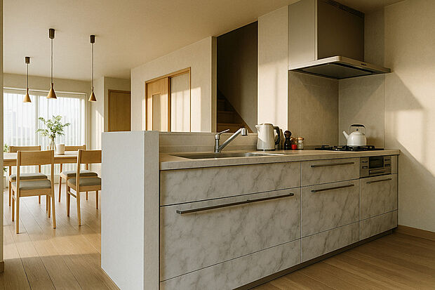 【イメージパース】
対面キッチンなので、ご家族みんなと会話をしながら家事をすることができます。