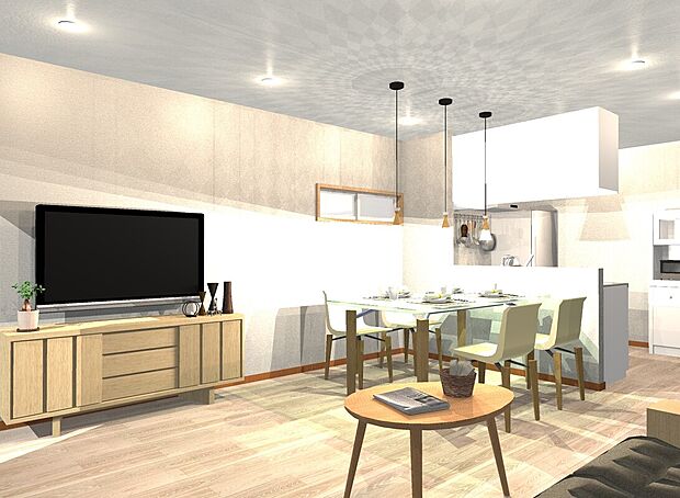 【ドリームタウン施工例】
■家族が自然と集まり、笑顔があふれるリビング。
休日はゆったりと映画を楽しんだり、子どもたちと遊んだり。
家族の真ん中にある心あたたまる空間です。