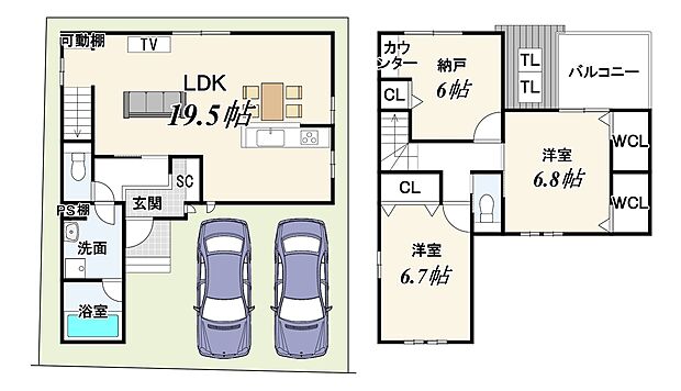■LDK19帖の開放感と全居室6帖以上+収納付きの使い勝手に優れた間取り。駐車2台可能で、家族の暮らしにゆとりと自由をプラスします。