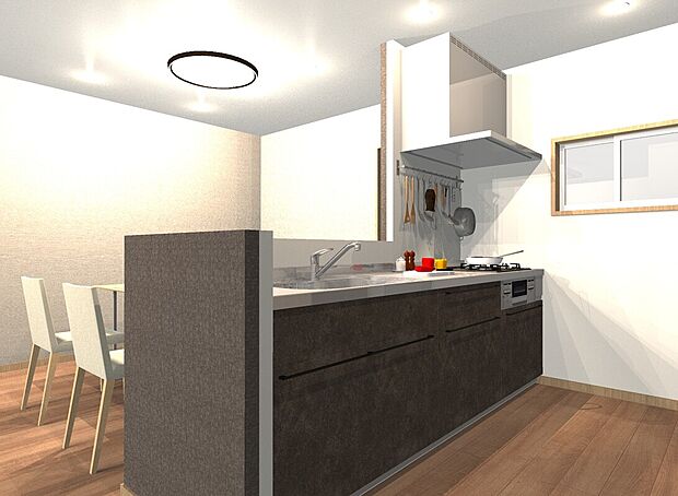 ■対面キッチンは料理をしながらリビングを見渡せ、家族との会話も自然に広がります。お子様の様子を見守りやすく、家事と育児を両立しやすいのも魅力です。(イメージパース)