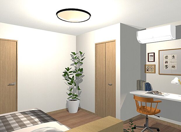 【【イメージパース(洋室)】】■カウンター付きの洋室で、在宅ワークやお子様の学習スペースに最適。デスクを置かずにすっきり使える、機能性の高い設計です。