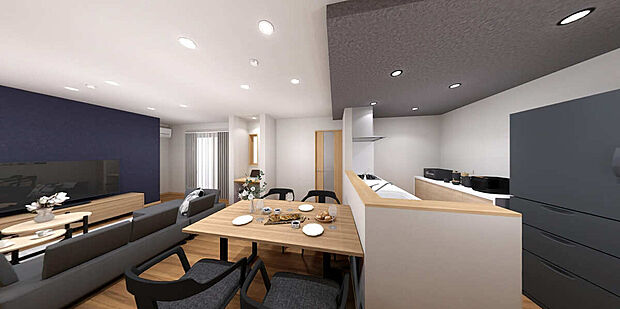 【完成予想パース:ダイニング】
キッチンからはリビングの様子がよく見え、安心してお料理ができます!
対面式のキッチンにつき、ご家族との会話を楽しみながらお料理ができますね♪