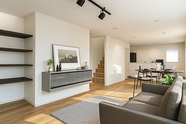 間取り図を基に作成したイメージパース図です。外構など、ご要望ございましたらお客様に合わせて作成いたします（リビングイメージパース）