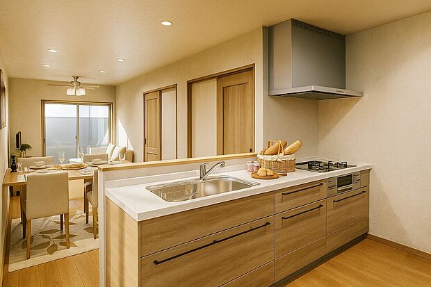 間取り図を基に作成したイメージパース図です。外構など、ご要望ございましたらお客様に合わせて作成いたします（リビングイメージパース）