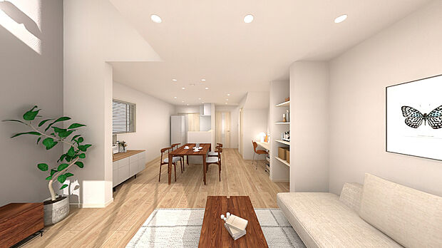 【2号地パース図：リビング20帖】子供たちが元気に走り回っても十分な広さの空間です。※イメージパース図のため、実際の色味や材質とは異なる場合がございます。