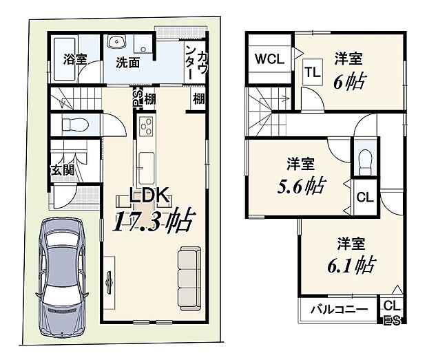 3LDK、土地面積（有効）70.56m2、建物面積85.76m2
