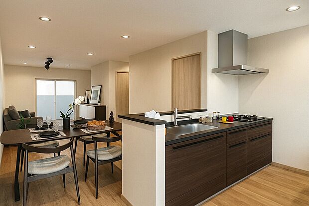 【【イメージパース/LDK17.1帖】】リビングが見渡せるカウンターキッチンです！家事をしながらご家族と一日の出来事を話したり！