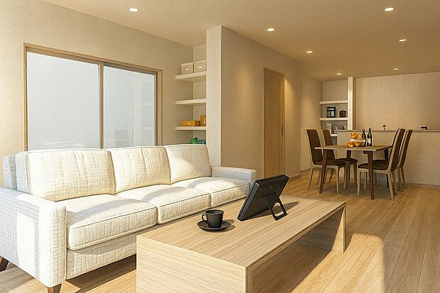 【【イメージパース/LDK18.4帖】】リビングを必ず通るよう階段を配置。家族が顔を合わせる機会が自然と増える、ふれあいを重視した設計です