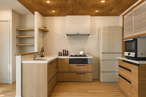 【【イメージパース】キッチン】小回りの利くL字型キッチン!90°に動くだけでコンロとシンクでの作業が可能です!作業効率がよくなり、複数人での調理が行いやすくなります!