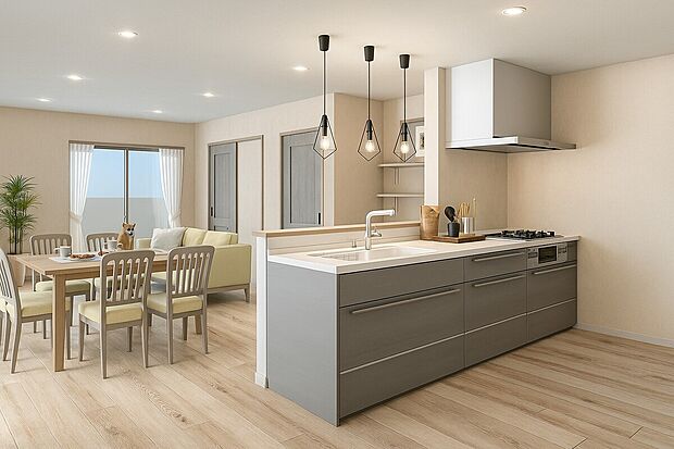 【【パース図:(2F)リビング18.5帖】】キッチンワークしながら大切な家族との会話を楽しむ。家族のコミュニケーションが生まれるキッチンです♪