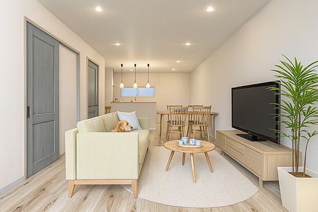 【【パース図:(2F)リビング18.5帖】】リビングを必ず通るよう階段を配置。家族が顔を合わせる機会が自然と増える、ふれあいを重視した設計です。