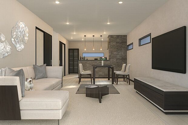 【【パース図(1・2号地共通):リビング20帖】】家族の笑い声が聞こえてきそうな大空間♪家族揃ってリビングで過ごすお休みの日が、楽しみになる場所となることでしょう。