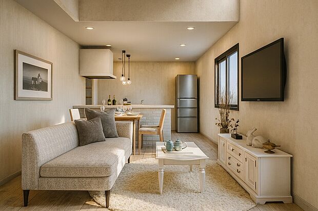 【【イメージパース/LDK20帖】】広くゆったりと家族揃って寛げるLDKは20帖。毎日の始まりと終わりをここで迎える大切な空間はいつでも心地良い空気感。落ち着いた雰囲気で過ごしたり家族でわいわい盛り上がる日も。