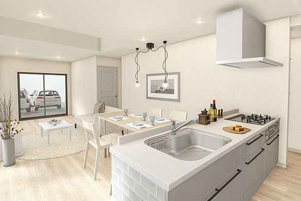 【【イメージパース/LDK20帖】】リビングが見渡せるカウンターキッチンです!家事をしながらご家族と一日の出来事を話したり!コミュニケーションが取りやすく、家族の存在を近くに感じます!