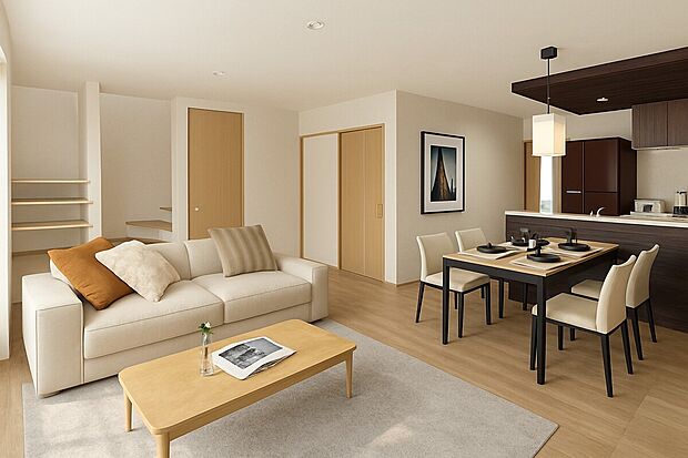 【■18.6帖リビング/イメージパース】キッチンからリビングが見渡せるような間取りになっているため、リビングで遊ぶお子様を見守りながらの家事が可能です。