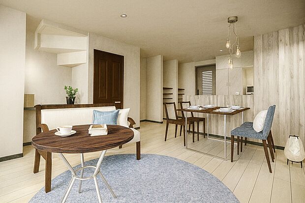 【LDK17.1帖/イメージパース】リビングに階段があることにより家族のコミュニケーションが増えます!会話がなくても、顔を見ることで「今日は元気がないな」など、家族のささいな変化に気付くことができます!