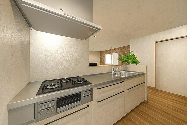 【≪キッチン:イメージパース≫】キッチンワークしながら大切な家族との会話を楽しむ。家族のコミュニケーションが生まれるキッチンです♪