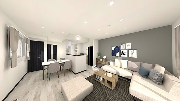 【【1号地パース図：リビング】】広くゆったりと家族揃って寛げるLDK。子供たちが元気に走り回っても十分な広さの空間です。リビングが見渡せるアイランドキッチンで、家事をしながらご家族と一日の出来事を話せます！