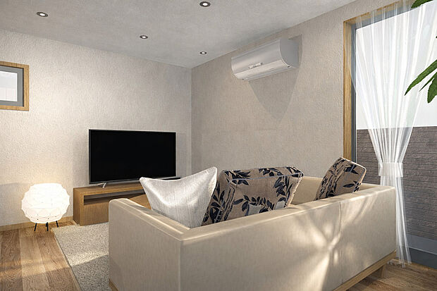 【【１号地：ＬＤＫイメージパース】】１８帖超のゆったりＬＤＫでご家族との時間を楽しめます。お好きな家具を置いても十分な広さです！