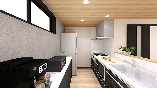 【【イメージパース：キッチン】】収納力アリ！食洗器付きのシステムキッチンです！3つ口コンロ＆グリルもついているので、同時に作業でき、家事がはかどります♪※イメージパース図のため、実際の色味や材質とは異なる場合がございます。