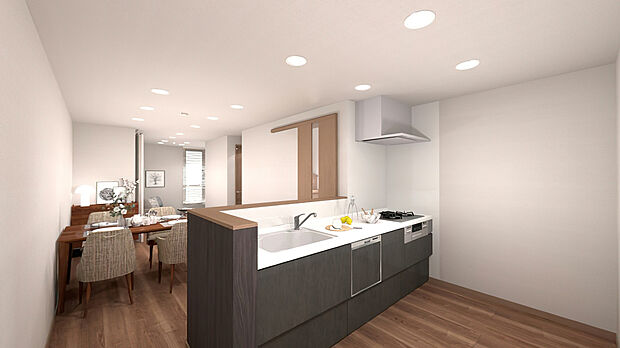 【【キッチン完成イメージパース】】食事の配膳や片付けがラクラクな対面キッチンです!リビングで遊ぶお子様を見守りながら家事ができます♪※イメージパース図のため、実際の色味や材質とは異なる場合がございます