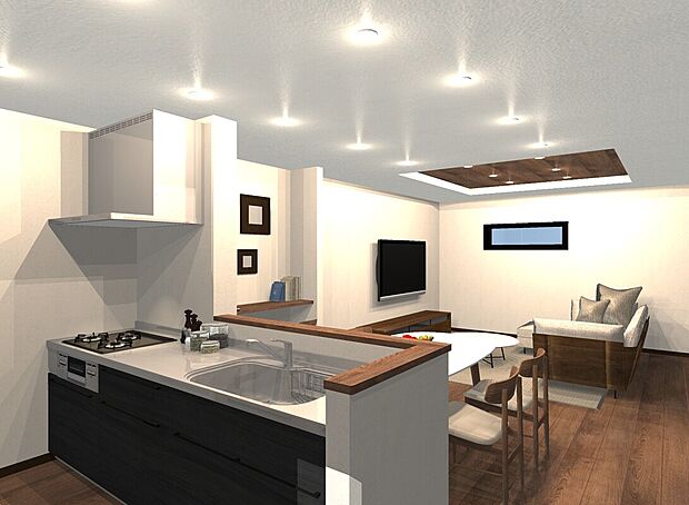 【【イメージパース：キッチン】】リビングが見渡せるカウンターキッチンです！家事をしながらご家族と一日の出来事を話したり！コミュニケーションが取りやすく、家族の存在を近くに感じます！