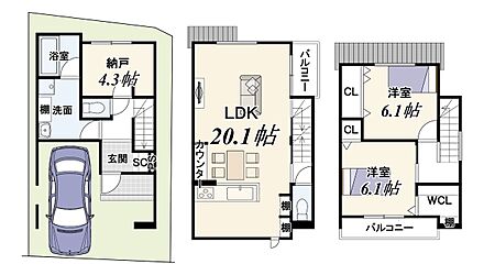 建確対象面積：59.11m2
自動車車庫面積約11.20m2は建物面積に含む
準防火地域内の準耐火建築物の為、建ぺい率70％を適用 