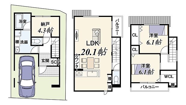 【2SLDK】建確対象面積：59.11m2
自動車車庫面積約11.20m2は建物面積に含む
準防火地域内の準耐火建築物の為、建ぺい率70％を適用