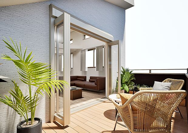 【完成予想パース【1号棟】 バルコニー】※バルコニーにウッドデッキを置いたイメージ画像です。（物件にウッドデッキは付きません。）

◆◆ 【無料】 見学予約 受付中 ◆◆
ＴＥＬ ： 0120-530-132（通話無料）