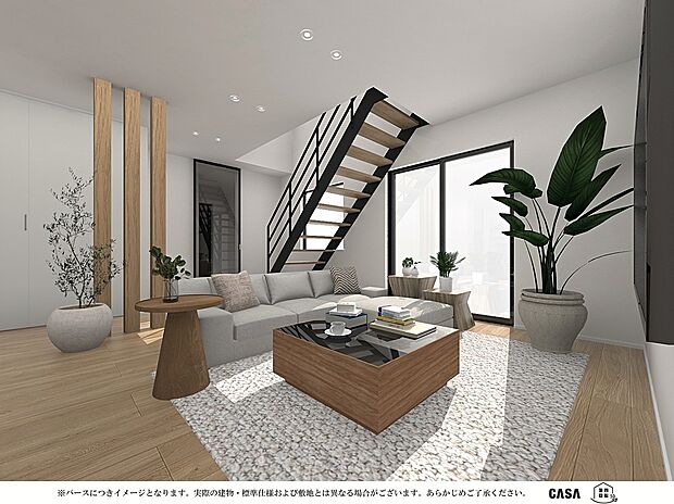 【完成イメージ図】広々としたリビングは木の温もりが優しいフローリング。 ソファーやテーブルなどをおいてもゆとりの空間は、ご家族でゆったりお寛ぎいただけます。