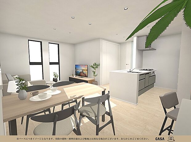 【完成イメージ図】温かみのある色で統一された室内。大きな窓から光がしっかり差し込みますが2階部分にLDKがあるためプライベートな空間に◎