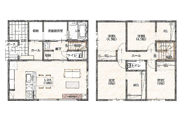 1階は16帖のLDK、2階は洋室3部屋と収納充実。家族でのびのび暮らせる住空間です。