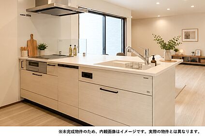 お洒落で視線が抜けるフルフラットキッチン 