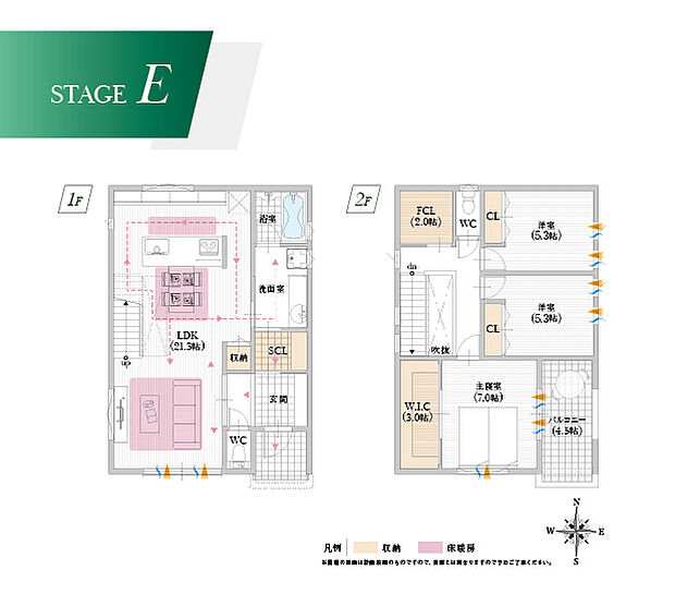 【【E号地/建物プラン例】】玄関からの回遊動線で生活空間に汚れを持ち込まないつくりに◎収納スペースもしっかり確保した快適住空間プラン
建物面積:104.34m2