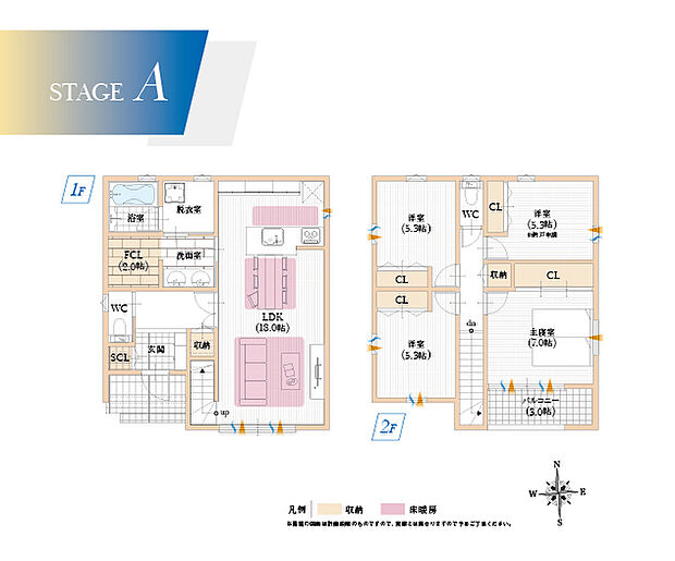 【【A号地/建物プラン例】】洗面・脱衣室・FCLを隣接させれば家事動線も◎衣類や洗剤などのストックも大容量収納ならスッキリ整頓!
建物面積:106.82m2