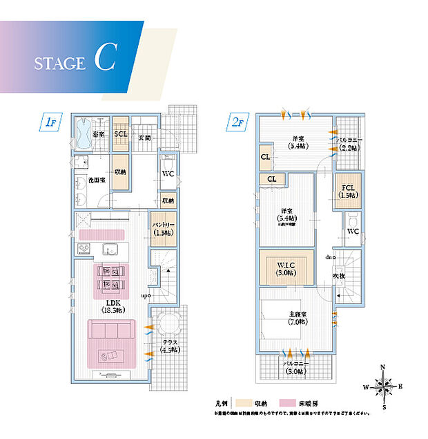 【【Ｃ号地／建物プラン例】】大容量の収納スペースが各所にあってスッキリ整頓！荷物が増えても安心！整う暮らしが叶います。
建物面積：106.81m2