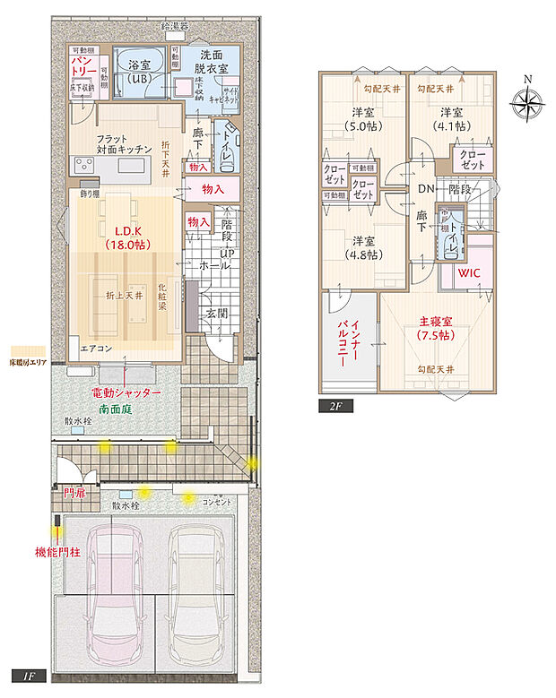 T-3／太陽光発電パネル搭載、南垂れ、南向き、耐震等級3、断熱等級5、ZEH仕様、第一種換気&全熱交換換気、折上天井のリビングLDK広々18.0帖、大型WIC付主寝室広々7.5帖、大型パントリー