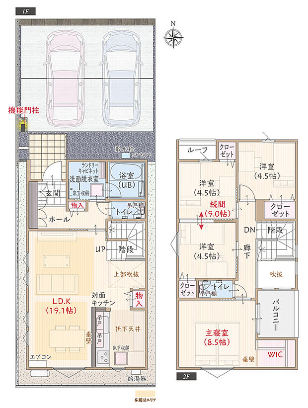 T-1／太陽光発電パネル搭載、耐震等級3、断熱等級5、ZEH仕様の家、第一種換気&全熱交換換気、対面キッチン付LDK広々19.1帖、吹抜けのリビング、WIC付主寝室広々8.5帖、洋室続間9.0帖