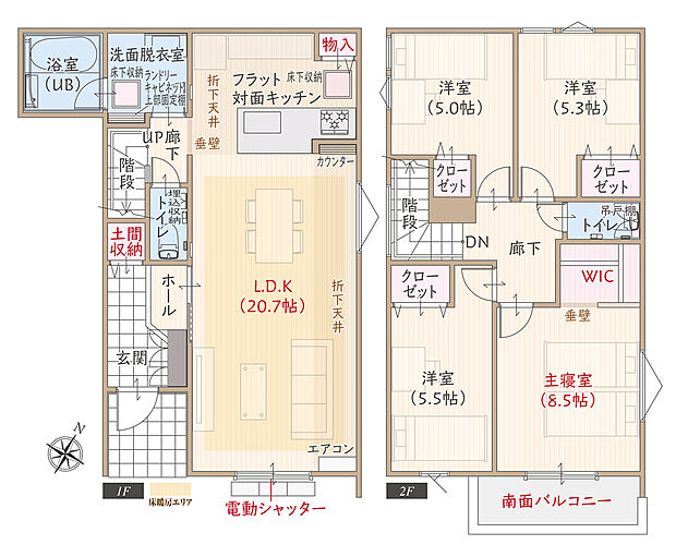 南向き、太陽光発電パネル搭載、耐震等級3、断熱等級5、ZEH仕様、第一種換気&全熱交換換気、フラット対面キッチン付LDK広々20.7帖、WIC付主寝室広々8.5帖、優れた家事動線、南面バルコニー