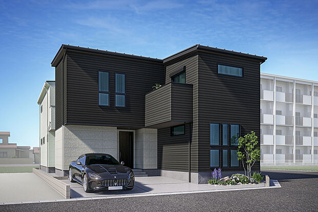 T-2／シンプルなテクスチャーに陰影を加えた外壁がアクセントに。重厚感の中にも温もりが感じられ、住まう人の暮らしを優しく包み込みます。角地だからこその間取りプランでスマートな暮らしが叶います。