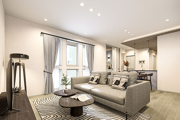 T-1／大きな窓からたっぷりと光を取り込む、開放感あふれるLDK。断熱性に優れた住まいの構造と快適な室内環境をもたらす高性能な窓により、健康的で心地よく過ごせる空間が実現。