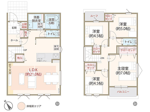太陽光発電システム搭載、耐震等級3、断熱等級5、環境にもお財布にも優しいZEH仕様の家、LDK広々21.0帖、主寝室ゆとりの7.0帖、第一種換気&全熱交換換気、全居室に収納完備、駐車スペース2台分