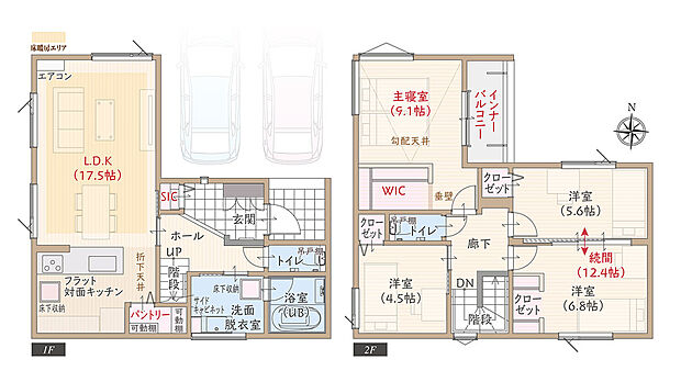 T-1／角地、太陽光発電パネル搭載、ワイド間口、耐震等級3、断熱等級5、ZEH、第一種換気&全熱交換換気、フラット対面キッチン付LDK広々17.5帖、大型WIC付主寝室広々9.1帖、洋室続間12.4帖
