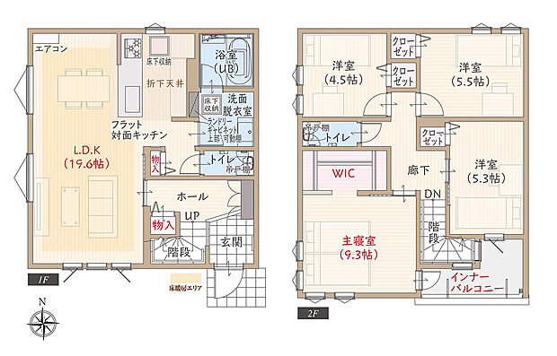 T-1／南西角地、太陽光発電パネル搭載、ZEH仕様、耐震等級3、制震ダンパー、断熱等級5、第一種換気&全熱交換換気、フラット対面キッチン付LDK広々19.6帖、大型WIC付主寝室広々9.3帖