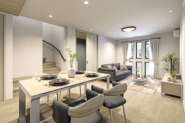 【リビングダイニング完成予想図】T-4／優れた断熱性＆快適なZEH仕様だからこそ叶えられる温もり溢れるLDK。空調＆床暖房の合わせ技で、家族みんなが心からリラックスできる空間が実現します。