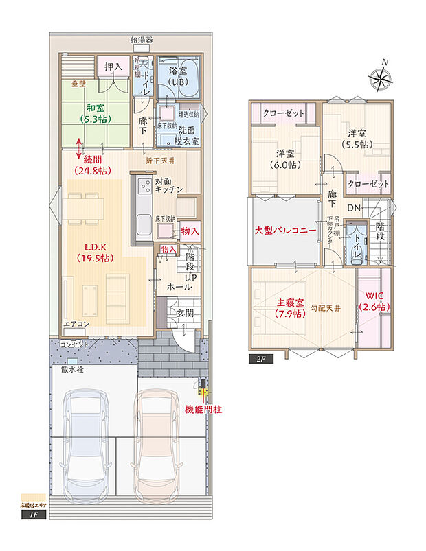 【4LDK】南向き、太陽光発電パネル搭載、ZEH仕様、断熱等級5、第一種換気&全熱交換換気、対面キッチン付LDK続間24.8帖、大型WIC付主寝室広々7.9帖、収納充実、優れた家事動線、大型バルコニー