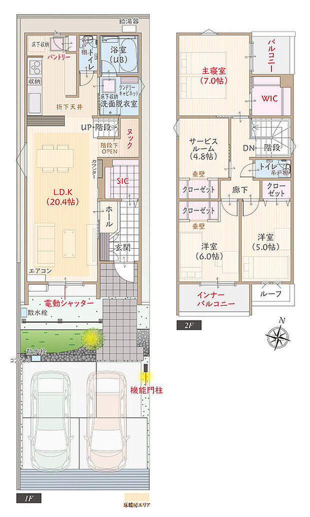 【3LDK+S】太陽光発電パネル搭載、南向き、ZEH仕様、断熱等級5、第一種換気&全熱交換換気、LDK広々20.4帖、WIC付主寝室7.0帖、大型SIC、使い方いろいろヌックスペース、南面庭