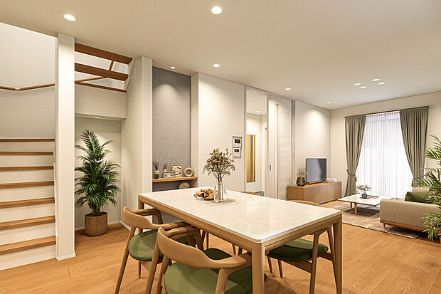 【リビングダイニング完成予想図】T-6／階段下にヌックスペースを設けた”特別感”のある間取りプラン！家族で過ごす時間も自分だけの時間も、どっちも快適に叶えてくれる居心地の良いLDKだから、自然とみんなが集まって楽しく過ごせます。